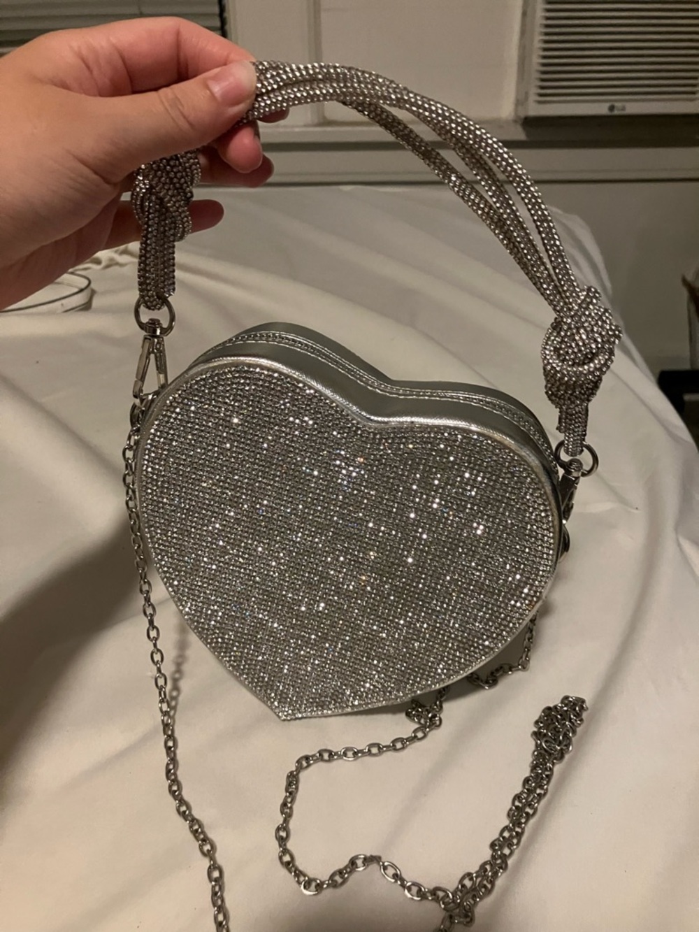 Silver Heart-Shaped Evening Bag with Chain